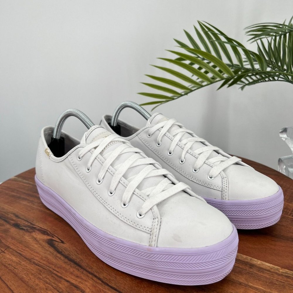 Keds Kate Spade Triple Kick Sneakers Women 11 White Purple Leather Platform Shoe